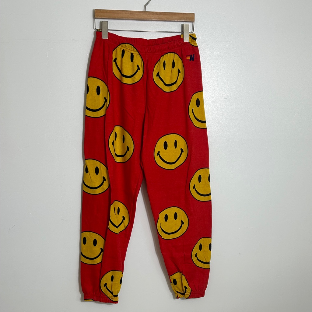 Aviator Nation Red Pants With Yellow Smiley Faces Large